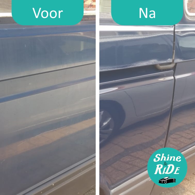 Een blauw portier met schade (voor) en hersteld (na)