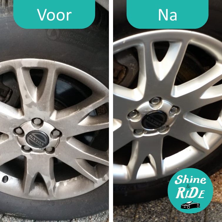 Een lichtmetalen velg met stoeprandschade (voor) en hersteld (na)